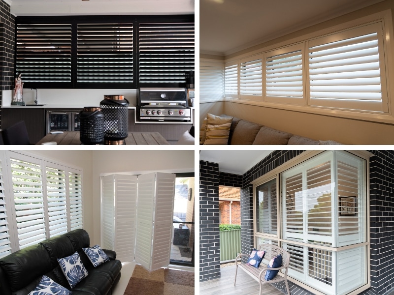A collage showing four indoor and outdoor settings featuring plantation shutters different types in black and white finishes.