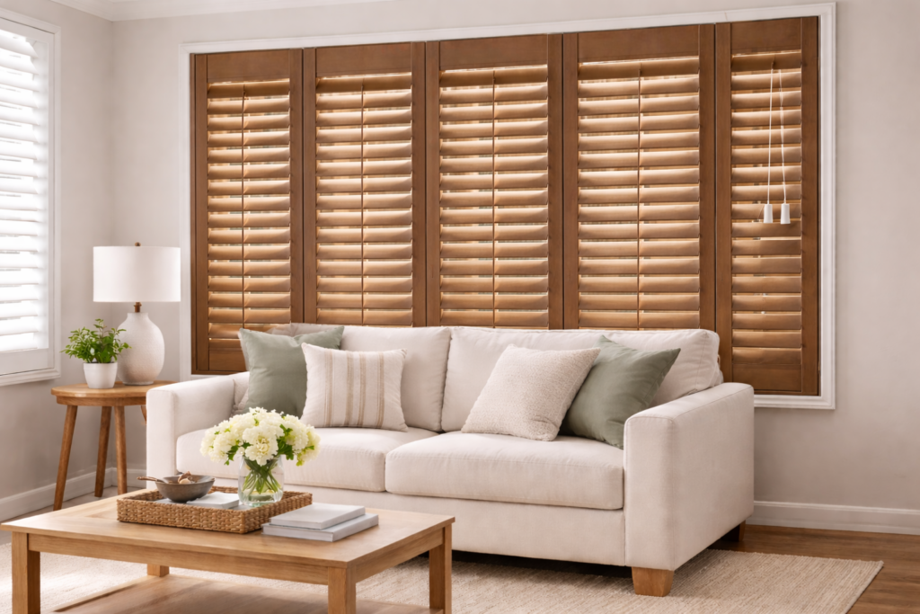 Custom plantation shutters in a modern living room