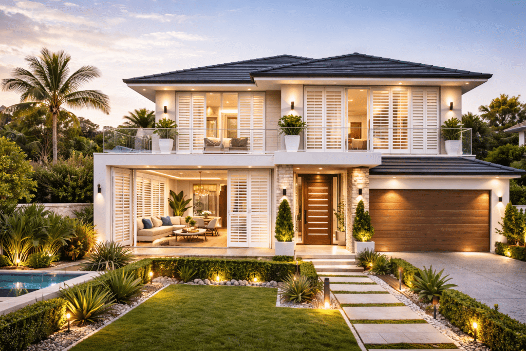 Sydney home with white plantation shutters installed on front windows