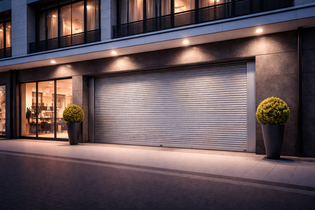 Commercial security shutters on a modern retail building