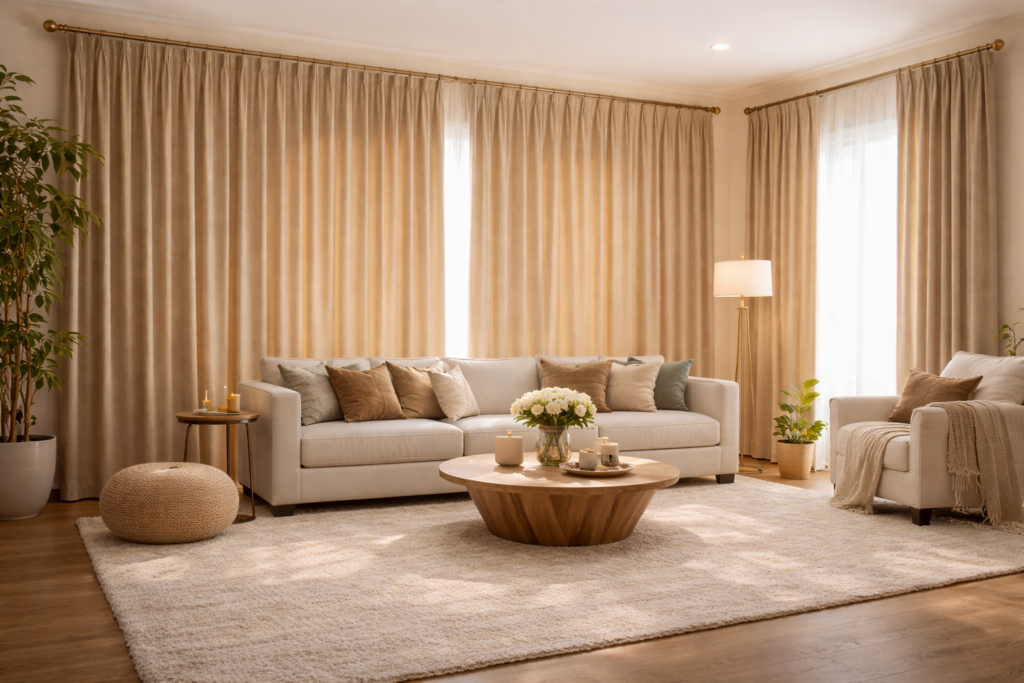 Modern living room with curtains