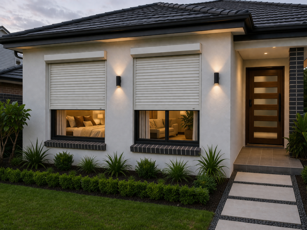 Modern home with roller security shutters on windows