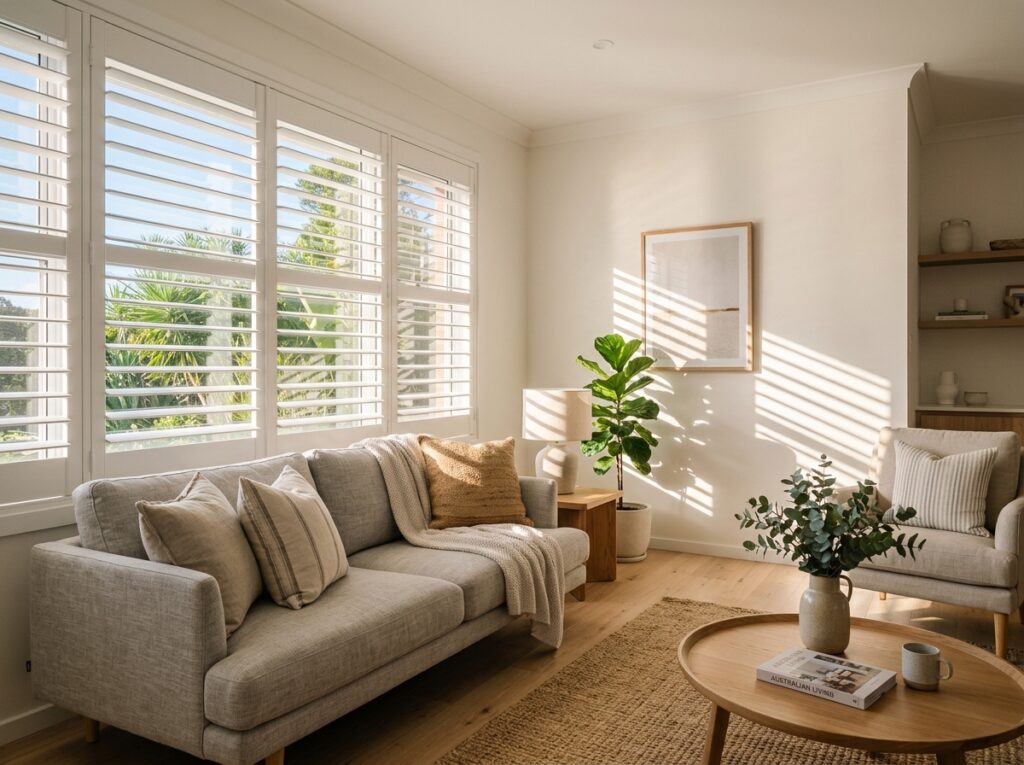 White plantation shutters on a sunlit window in a modern Sydney home living room