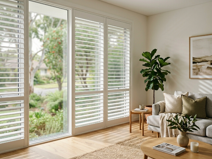 Well-maintained white plantation shutters in a Sydney home living room