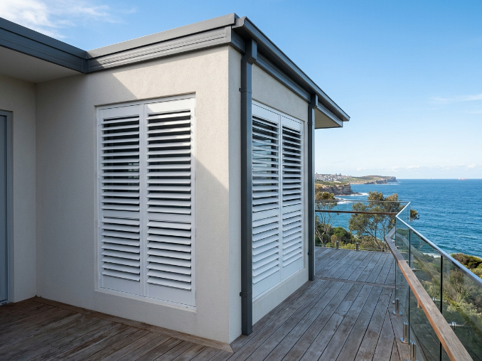 White aluminium plantation shutters on windows of a Sydney coastal home