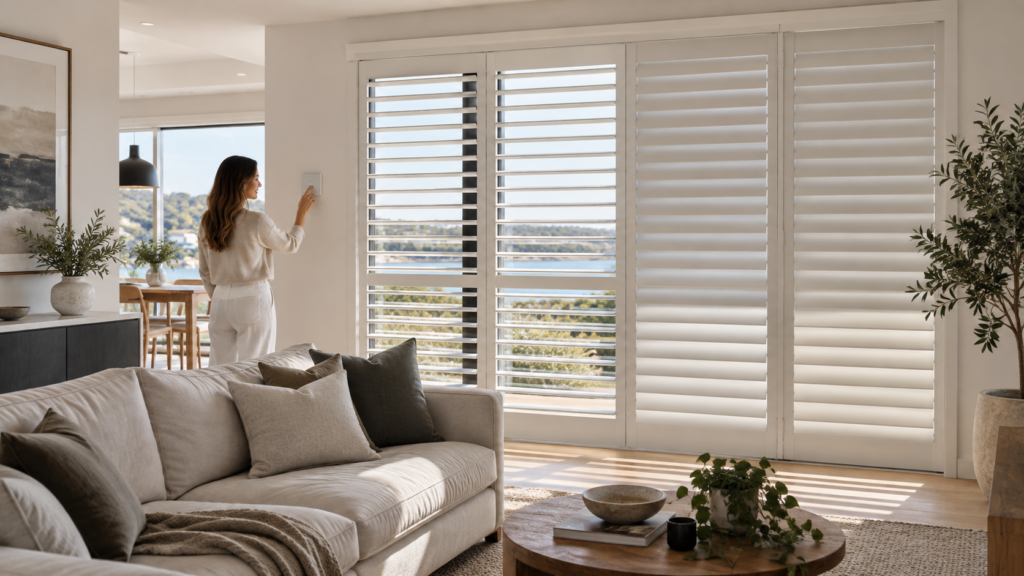 White moisture-resistant plantation shutters fitted beside a bath and shower