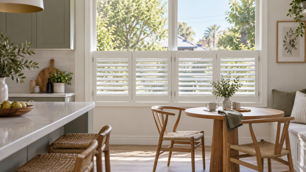 White café-style shutters providing privacy across the lower half of a kitchen window