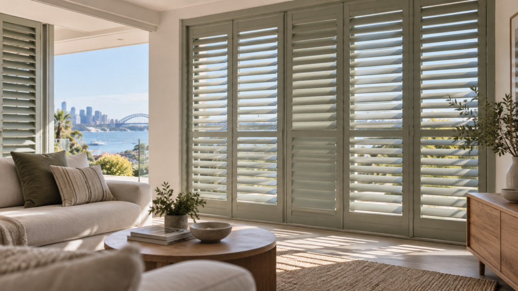 Muted green plantation shutters in a bright contemporary Australian living room