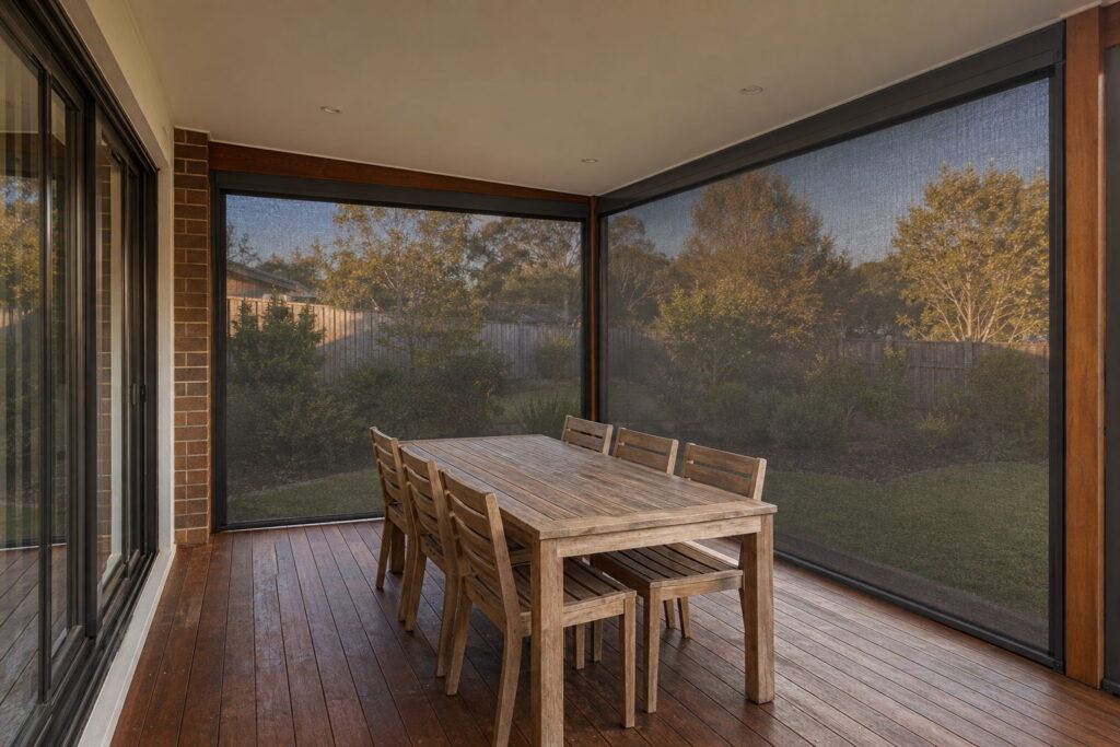 Channel-guided outdoor mesh blinds lowered on two sides of a covered Sydney alfresco area, fabric held in slim side channels with an outdoor dining table beneath