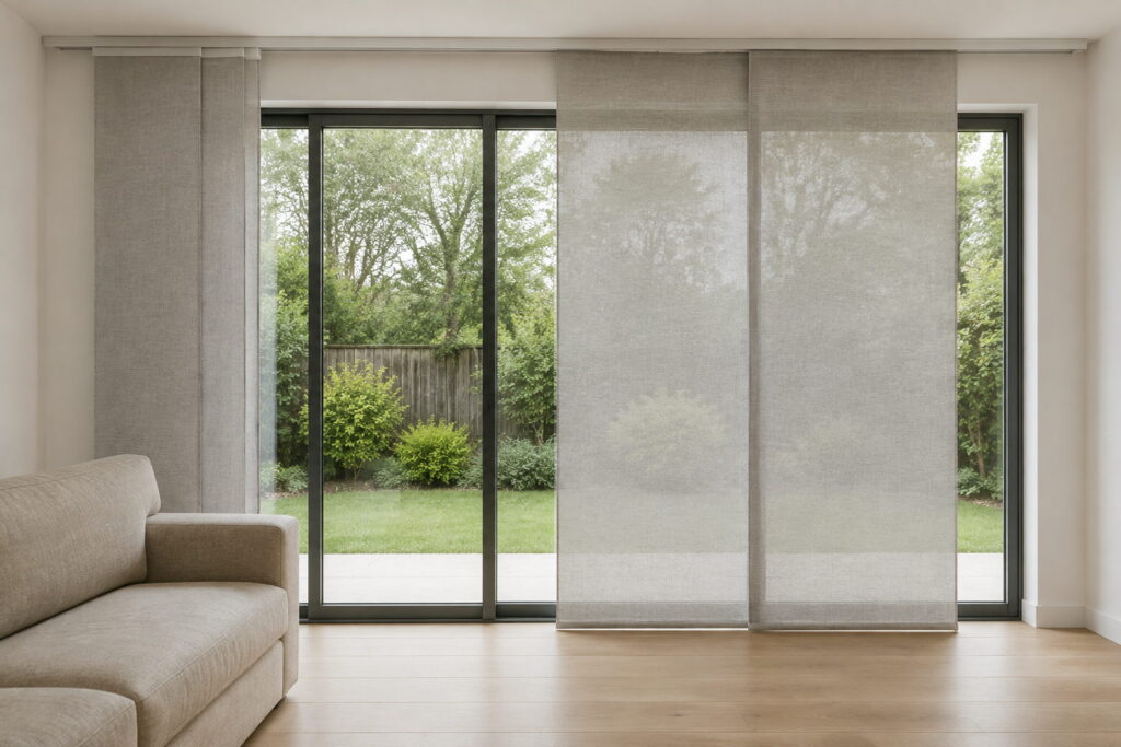 Wide fabric panel glide blinds drawn partly across a living room stacker door, four flat panels stacked neatly to one side with the garden visible beyond
