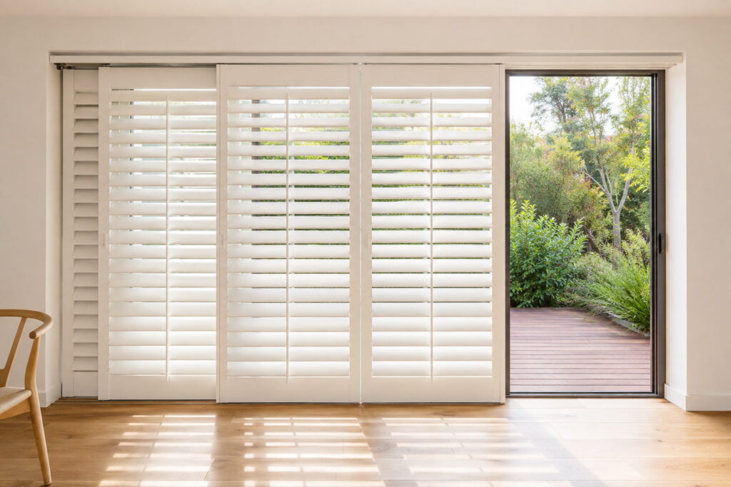 White bypass plantation shutters on a top track across a wide sliding glass door, one panel slid open to show the deck outside and the louvres tilted half open